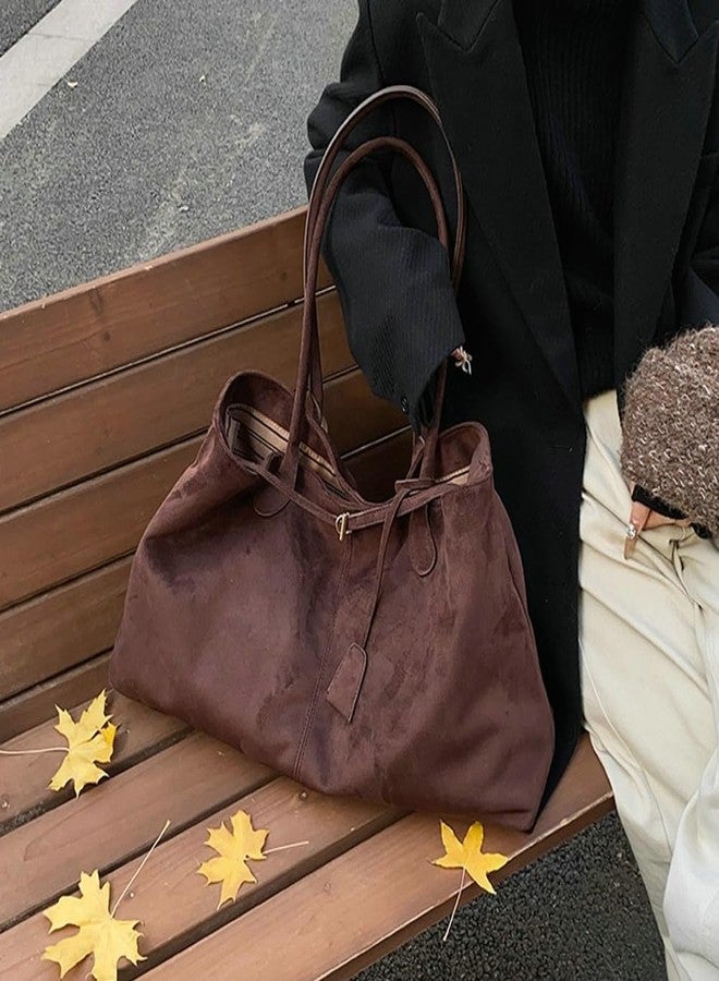 EMGILL Oversized Suede Tote Handbag Elegant Top Handle Purse Fall Winter Satchel Purses for Women Office College Slouchy Hobo Bag, Coffee, Medium - Image 4