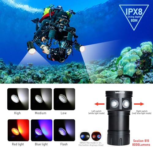 LetonPower Diving Flashlight, L24 12000Lumens Dive Light,100m Underwater Video Light, Scuba Dive Lights, Underwater flashlights with Type-C Charging for Professional Under Water Sports - Image 2