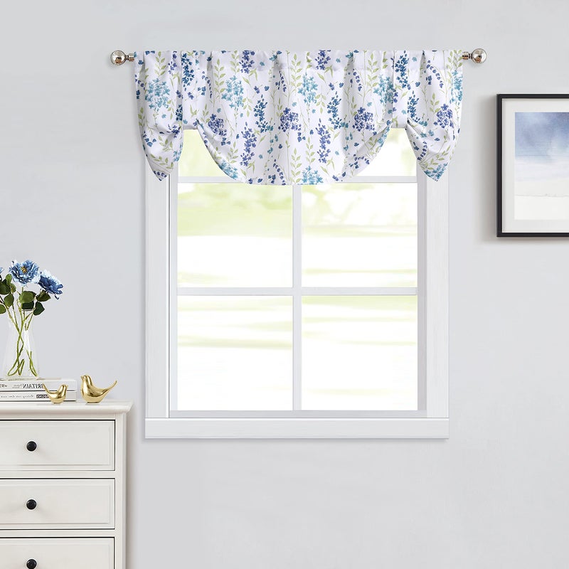 ZJDECOR Blue Colorful Floral Tie Up Kitchen Curtain Valance Botanical Flower Leaves Print, Farmhouse Rod Pocket Small Curtains for Kitchen Cafe Bathroom Window Treatment, 56" x 15", Watercolor, 1 Panel - Image 2