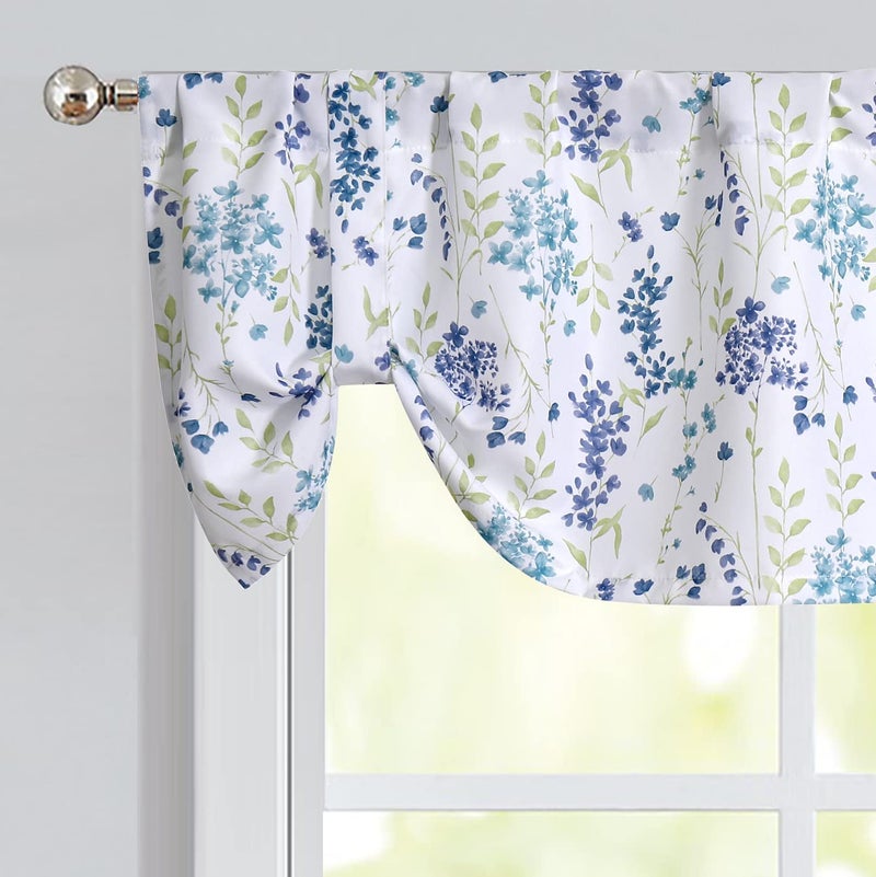 ZJDECOR Blue Colorful Floral Tie Up Kitchen Curtain Valance Botanical Flower Leaves Print, Farmhouse Rod Pocket Small Curtains for Kitchen Cafe Bathroom Window Treatment, 56" x 15", Watercolor, 1 Panel - Image 1