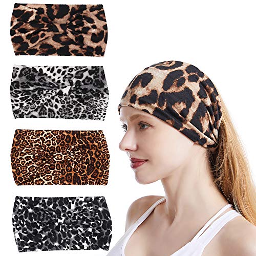 DINPREY Animal Print Headwraps bandana hair bands Knot Twisted Headbands Boho head wrap Cross Leopard Headband wide headwraps for women (Wide Leopard Headbands) - Image 1