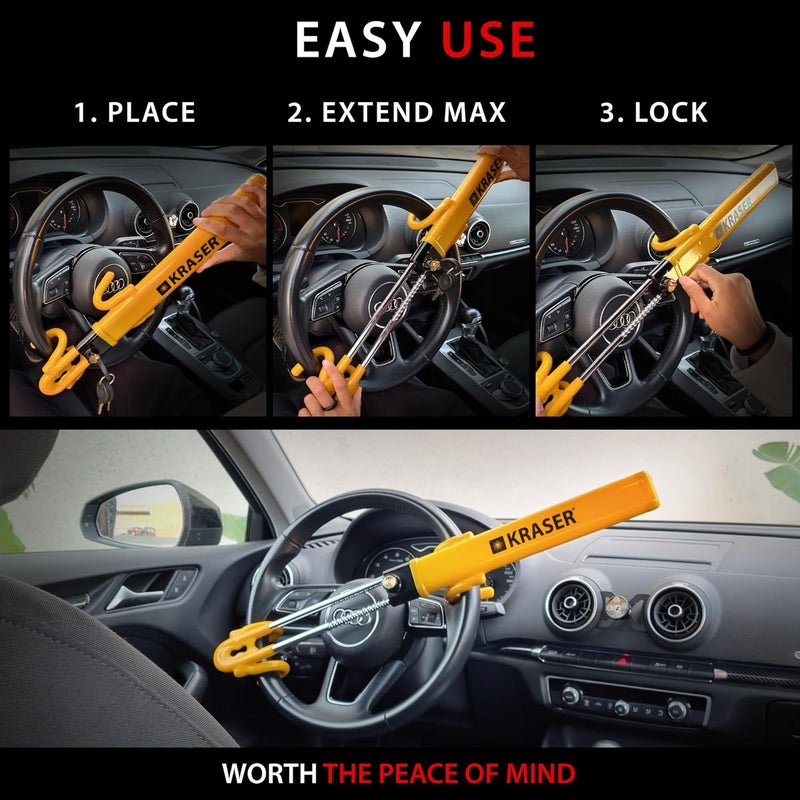 KRASER KR842Y Steering Wheel Clamp with Adjustable Double Hook, High Security, Scratch Protection, Universal Car Steering Wheel Lock, Universal Anti-Theft Device for Car, Home - Image 5