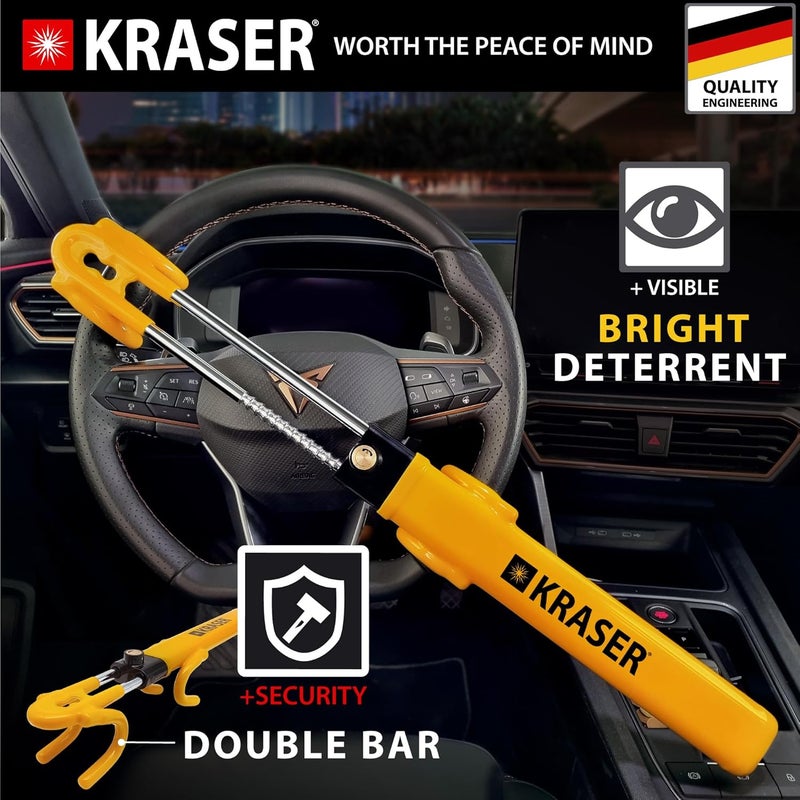 KRASER KR842Y Steering Wheel Clamp with Adjustable Double Hook, High Security, Scratch Protection, Universal Car Steering Wheel Lock, Universal Anti-Theft Device for Car, Home - Image 2