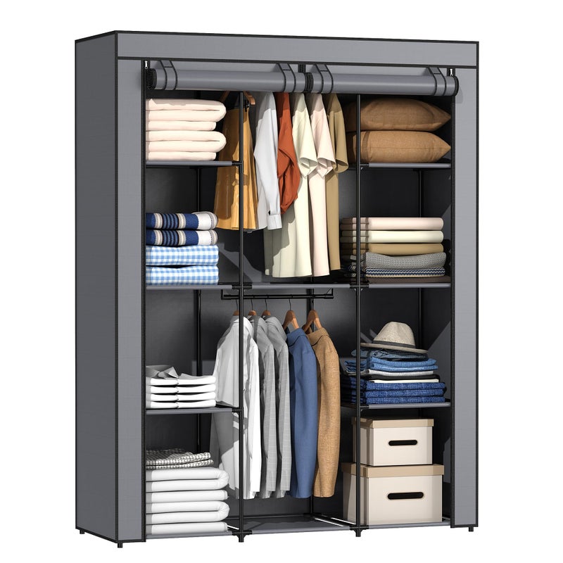 HODYANN Portable Closet, Wardrobe Closet with 10 Storage Shelves and 2 Hanging Rods, Non-Woven Fabric Cover, 52.4 x 18.1 x 66.6 Inches Closet Organizer for Bedroom, Gray - Image 1