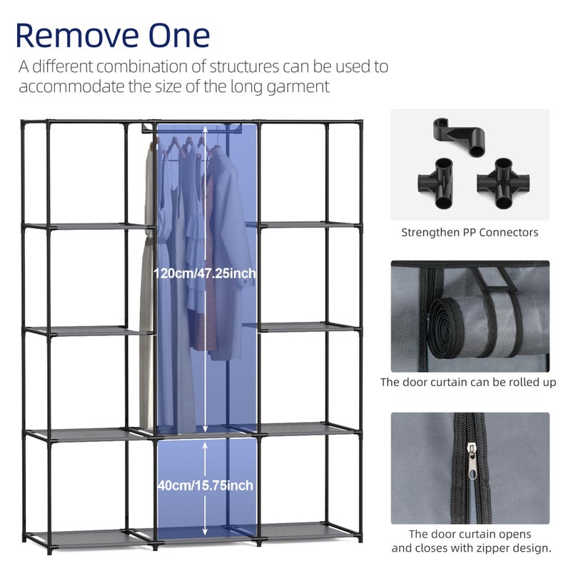 HODYANN Portable Closet, Wardrobe Closet with 10 Storage Shelves and 2 Hanging Rods, Non-Woven Fabric Cover, 52.4 x 18.1 x 66.6 Inches Closet Organizer for Bedroom, Gray - Image 4