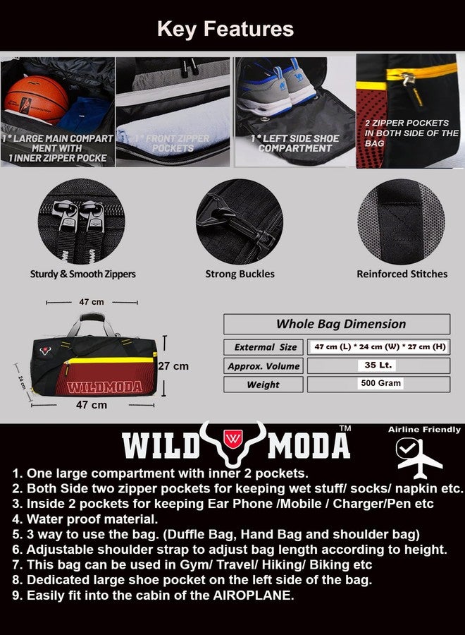 WILD MODA 35L Weekender Travel Duffel Bag - Unisex Gym, Travel & Sports Bag with Spacious Shoe Compartment and Multiple Pockets (Black & Maroon) - Image 4