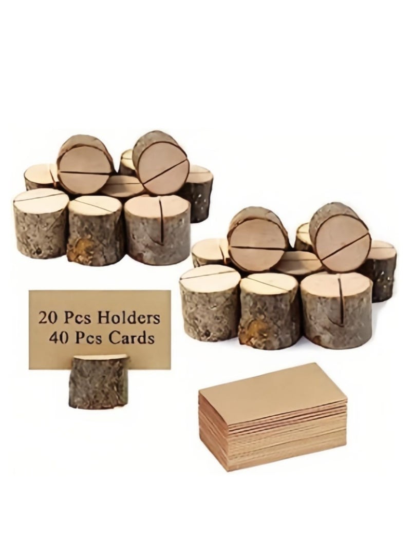 DAILYCHIC Place Card Holders , 20 Pcs Place Rustic Wooden Card Holders with 40 Pcs Kraft Paper Cards, Food Markers Table Number Photo Holder Card for Wedding Dinner Party - Image 1