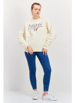 HUGO by Hugo Boss Women Crew Neck Graphic Print Sweatshirt, Beige  - Image 4