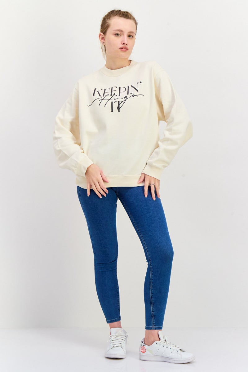 HUGO BOSS سويت شيرت نسائي بياقة دائرية بطباعة جرافيك، بيج - Image 4