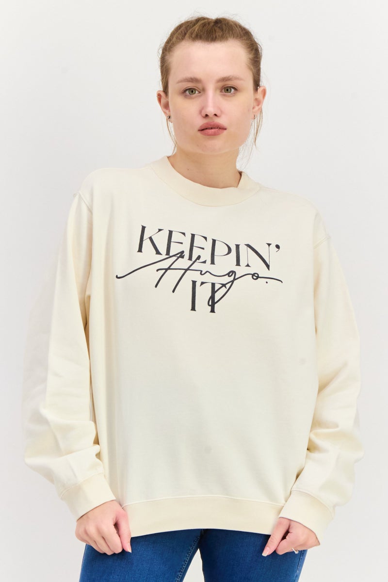 HUGO BOSS سويت شيرت نسائي بياقة دائرية بطباعة جرافيك، بيج - Image 1