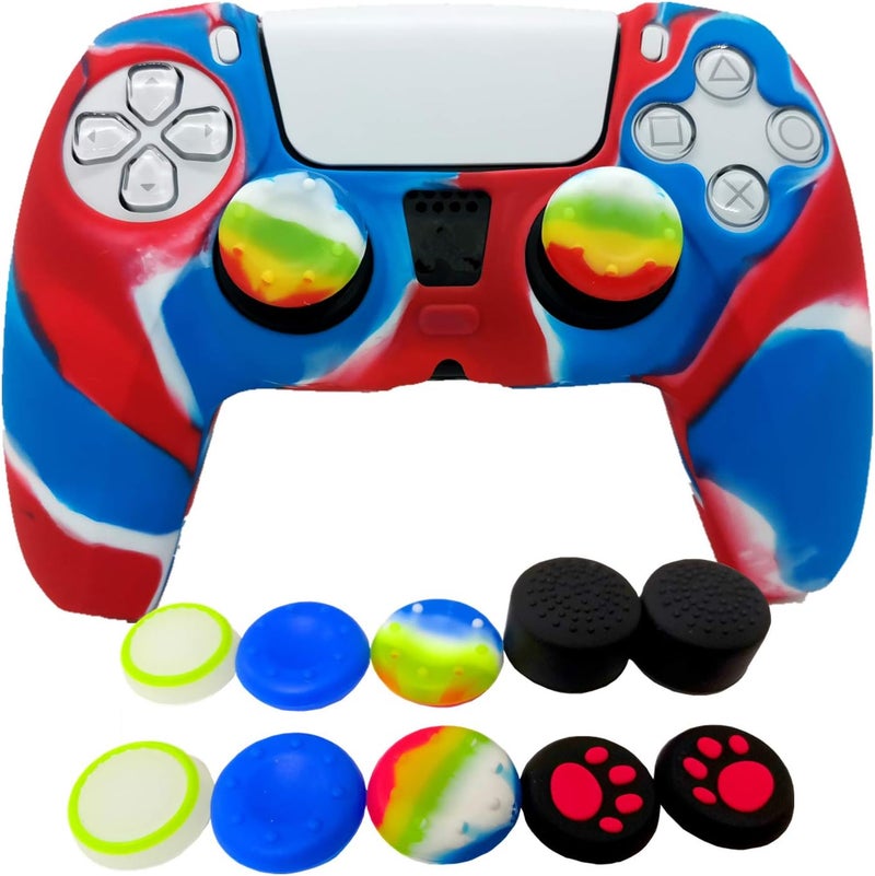 Asokex Skin for PS5 Controller Grips, Silicone Case Cover for PlayStation 5 Anti-Slip Protector with 10pcs Thumb Joysticks Caps (red&Blue) - Image 1