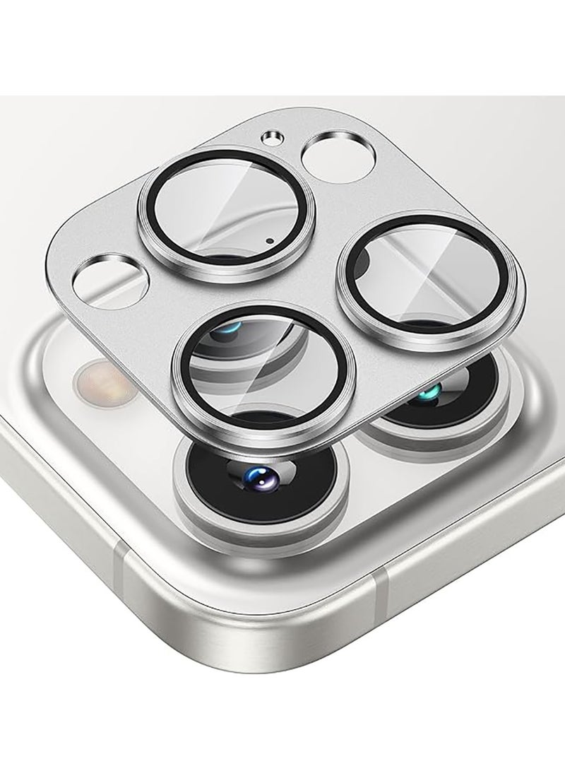 Tempered Glass Cover Camera Lens Protecto for iPhone 15 Pro / iPhone 15 Pro Max with Metal Ring Protector-Silver  - Image 1