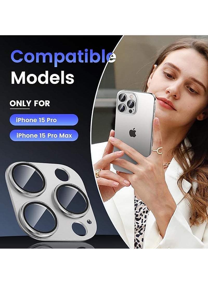 Tempered Glass Cover Camera Lens Protecto for iPhone 15 Pro / iPhone 15 Pro Max with Metal Ring Protector-Silver  - Image 2