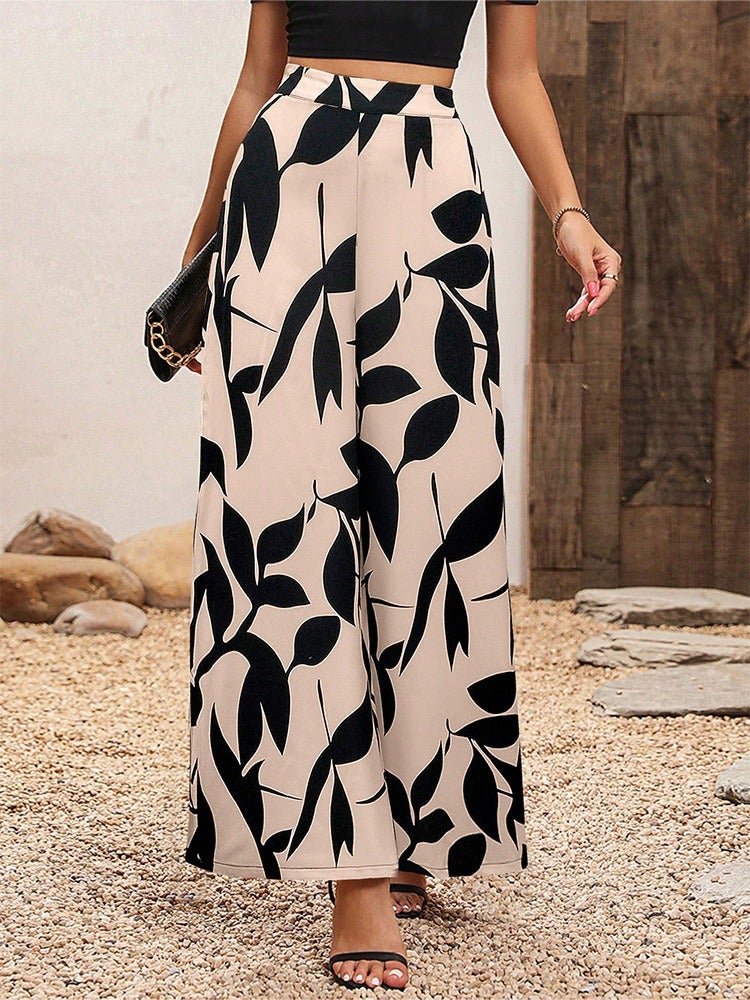 Chiffon Leaf Print Casual Pants with Elegant High Waist and Wide Legs for Women