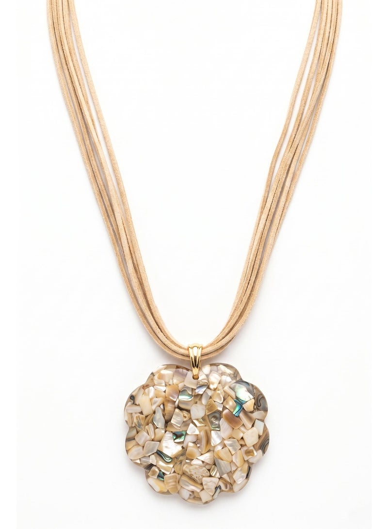 Shein Natural Shell Mosaic Pendant Beige Multi-Layer Suede Necklace Luxury Beach Style Statement Piece - Image 1