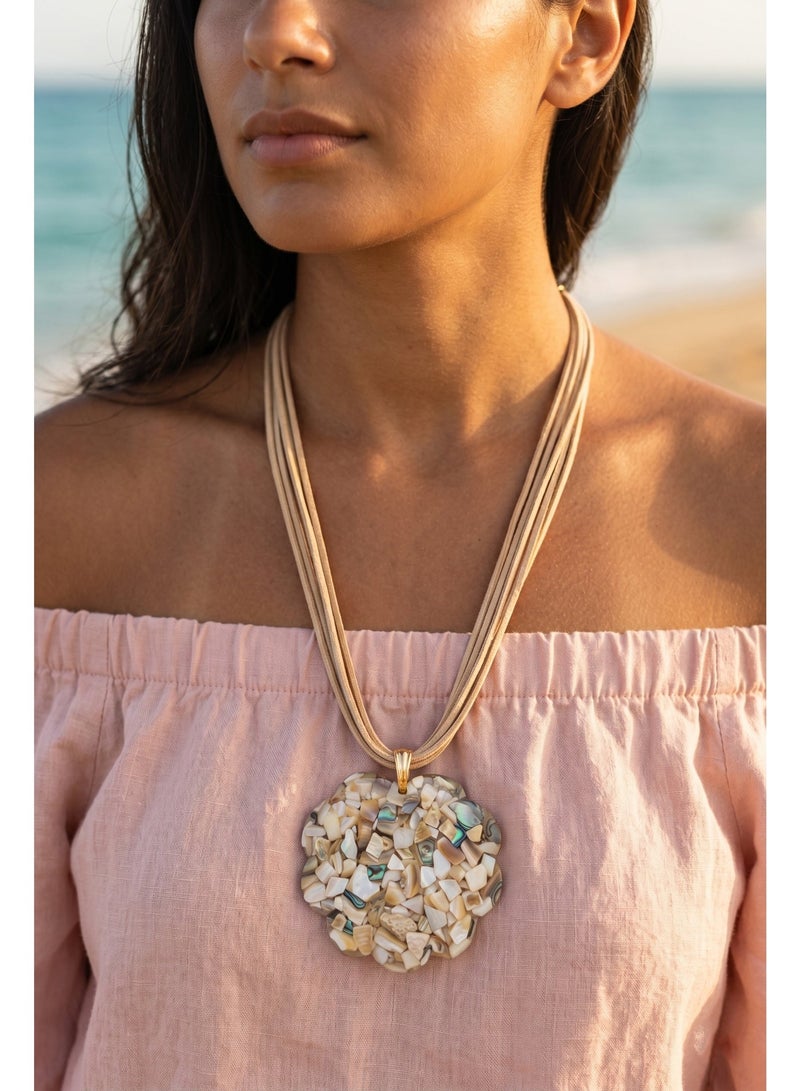 Shein Natural Shell Mosaic Pendant Beige Multi-Layer Suede Necklace Luxury Beach Style Statement Piece - Image 3