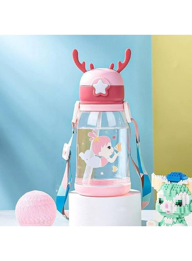Kids Acrylic Water Bottle, 600ml, Antler Lid Design With Cartoon Characters, Straw Drinking Container - Image 1