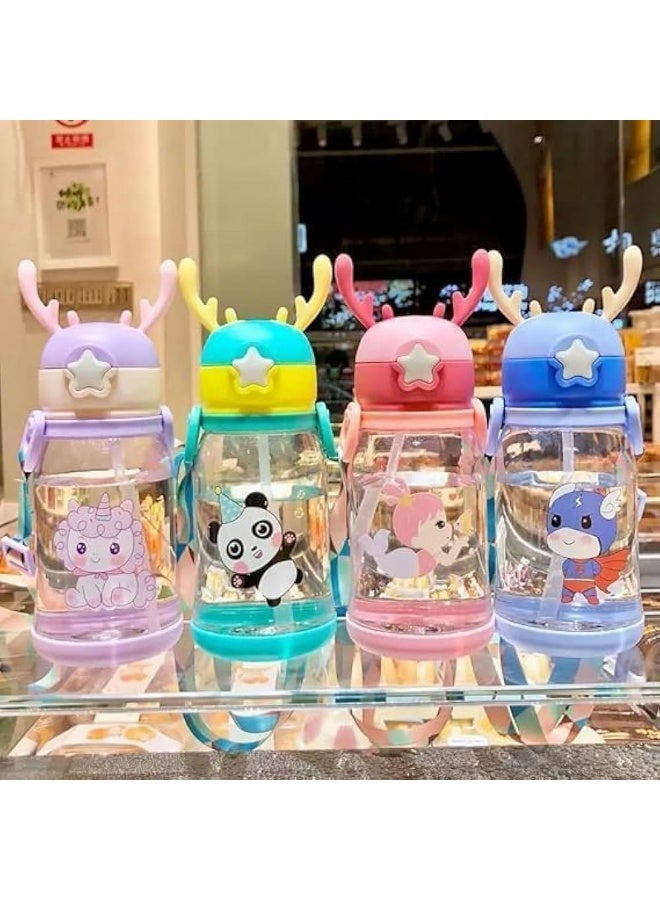 Kids Acrylic Water Bottle, 600ml, Antler Lid Design With Cartoon Characters, Straw Drinking Container - Image 2