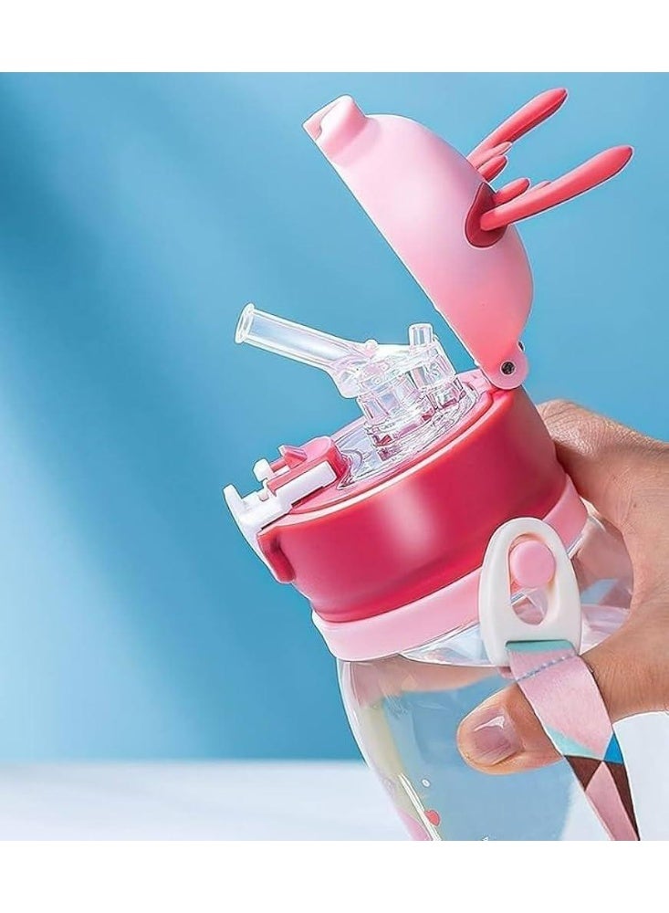 Kids Acrylic Water Bottle, 600ml, Antler Lid Design With Cartoon Characters, Straw Drinking Container - Image 4