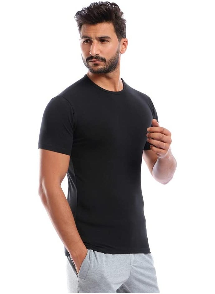 COTTONIL Stretch Men Half Sleeves Round Neck Undershirt Black  - Image 2