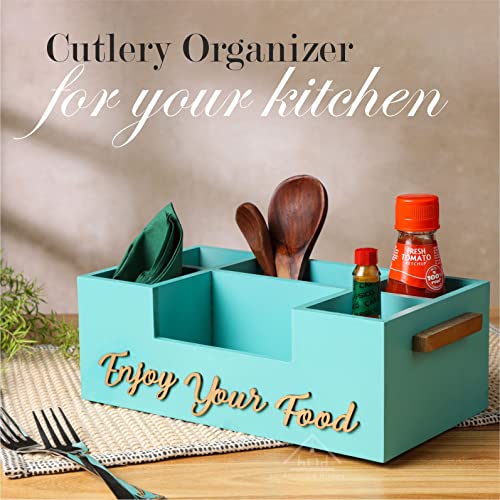 Anantam Homes Six Compartment Modern Wooden Cutlery Holder Spoon, Knife, Fork, Chopstick Caddy Self Organizer Multipurpose Stand for Home Kitchen Dining Tableware Restaurant Office & Daily Use, Aqua - Image 3