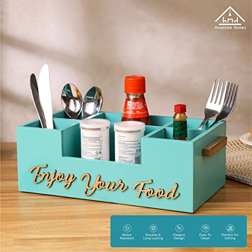 Anantam Homes Six Compartment Modern Wooden Cutlery Holder Spoon, Knife, Fork, Chopstick Caddy Self Organizer Multipurpose Stand for Home Kitchen Dining Tableware Restaurant Office & Daily Use, Aqua - Image 5