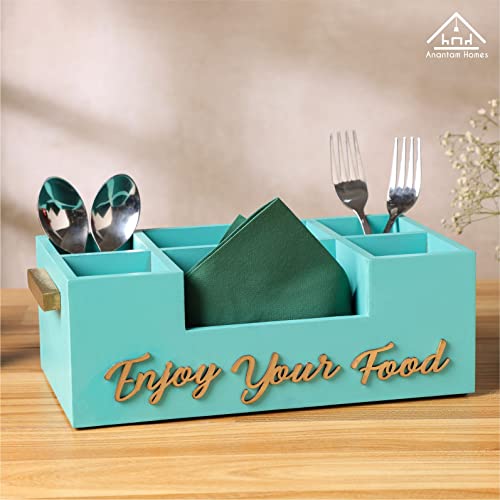 Anantam Homes Six Compartment Modern Wooden Cutlery Holder Spoon, Knife, Fork, Chopstick Caddy Self Organizer Multipurpose Stand for Home Kitchen Dining Tableware Restaurant Office & Daily Use, Aqua - Image 2