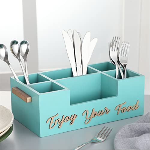 Anantam Homes Six Compartment Modern Wooden Cutlery Holder Spoon, Knife, Fork, Chopstick Caddy Self Organizer Multipurpose Stand for Home Kitchen Dining Tableware Restaurant Office & Daily Use, Aqua - Image 1