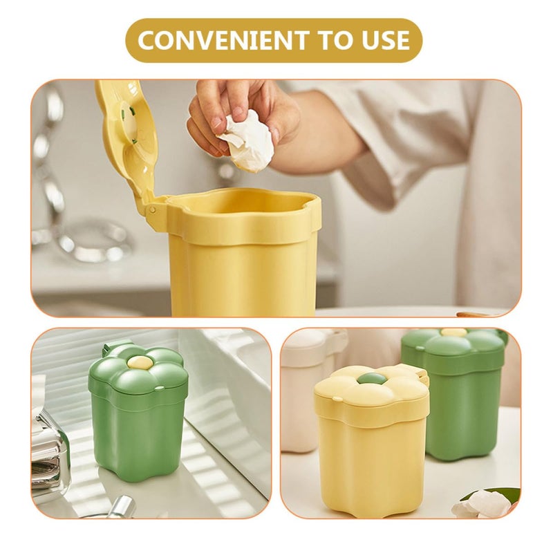 Mini Desktop Garbage Can With Lid Small Wastebasket For Tabletop Home Office Green Yellow Flower Pattern - Image 5