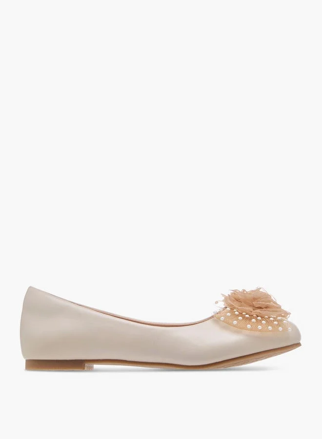 Little Missy Pearl Embellished Ballerina Shoes with Flower Applique
