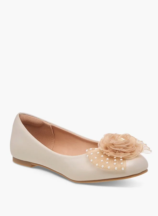 Little Missy Pearl Embellished Ballerina Shoes with Flower Applique