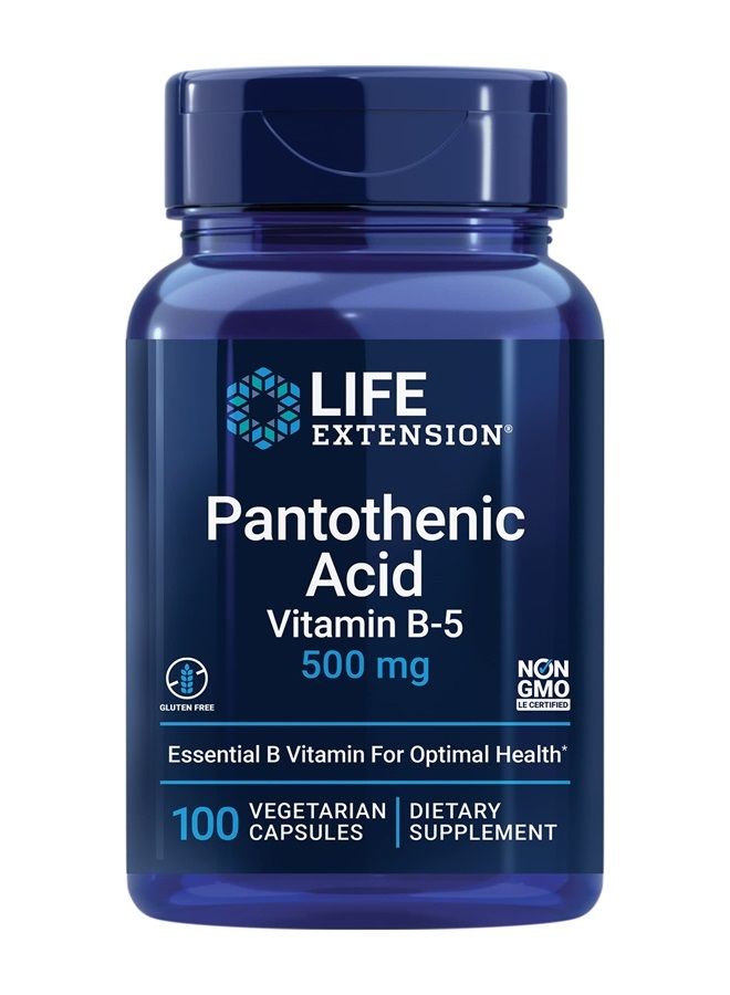 Life Extension Pantothenic Acid 500 mg – Pantothenic Acid with Calcium Supplement – Essential B Vitamin For Optimal Health - Once Daily - Gluten-Free, Non-GMO, Vegetarian – 100 Capsules - Image 1
