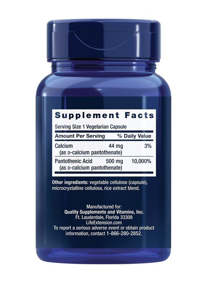 Life Extension Pantothenic Acid 500 mg – Pantothenic Acid with Calcium Supplement – Essential B Vitamin For Optimal Health - Once Daily - Gluten-Free, Non-GMO, Vegetarian – 100 Capsules - Image 2