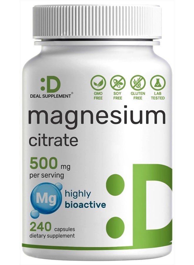 DEAL SUPPLEMENT Magnesium Citrate 500mg, 240 Capsules | Easily Absorbed, Purified Trace Mineral – Muscle, Heart, & Digestive Support – One a Day, Non-GMO - Image 1