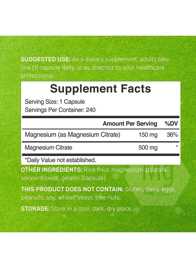 DEAL SUPPLEMENT Magnesium Citrate 500mg, 240 Capsules | Easily Absorbed, Purified Trace Mineral – Muscle, Heart, & Digestive Support – One a Day, Non-GMO - Image 2