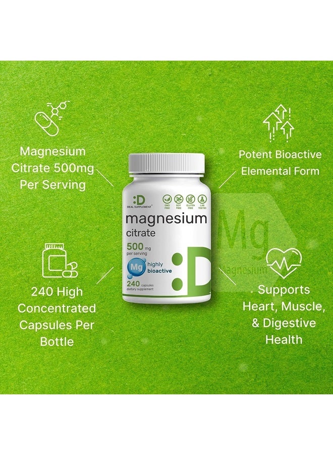 DEAL SUPPLEMENT Magnesium Citrate 500mg, 240 Capsules | Easily Absorbed, Purified Trace Mineral – Muscle, Heart, & Digestive Support – One a Day, Non-GMO - Image 4