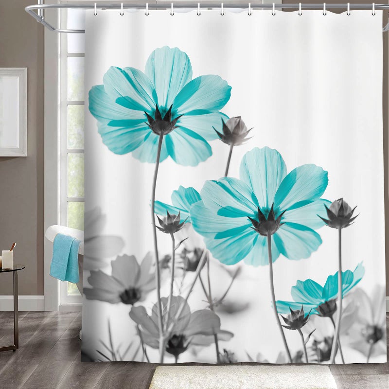 MERCHR Unique Floral Shower Curtain for Bathroom Decor Teal and Gray Daisy Flower Elegant Wildflower Design Farmhouse Shower Curtains with Hooks Set 71x71 Inches