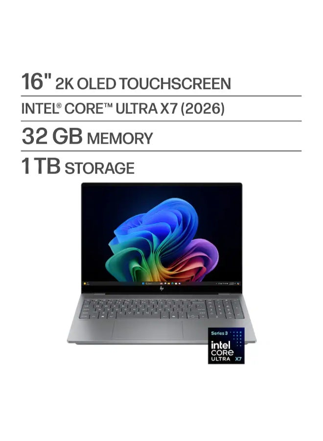 OmniBook X Copilot+ PC 16-BG0013DX Laptop With 16 Inch 2K OLED Display, Intel Ultra X7 358H Processor/ 32GB RAM DDR5/ 1TB SSD/ 16 Inch 2K OLED  Windows 11 Home/ English/Arabic Meteor Silver