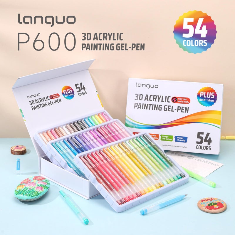 Languo أقلام جل أكريليك من لنجو للتلوين، مجموعة 54 لون، أقلام طلاء أكريليك ثلاثية الأبعاد برأس 1 مم، لألوان البالغين، أقلام جل للورق الأسود، الصخور، الزجاج، القماش، الحرف اليدوية ومواد الفنون - Image 2