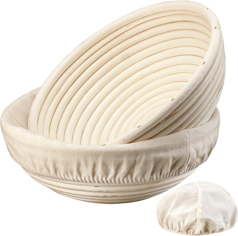 Dimpola Banneton Bread Proofing Basket - 9 inch Banneton Basket Set of 2 Sourdough Proofing Basket Round Proofing Bowls Handmade Rattan Baskets and Liners - Image 1