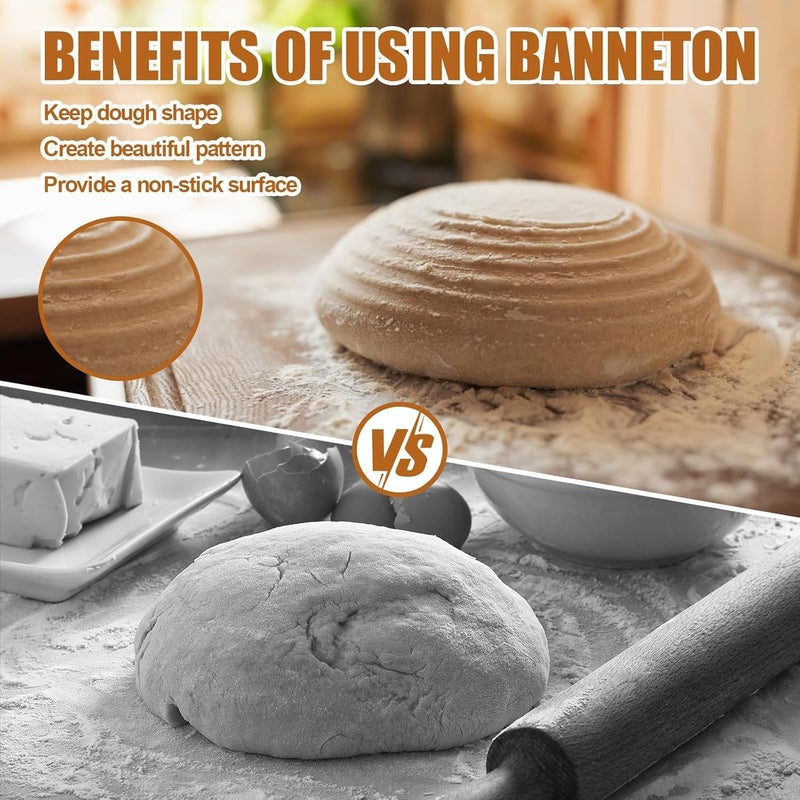 Dimpola Banneton Bread Proofing Basket - 9 inch Banneton Basket Set of 2 Sourdough Proofing Basket Round Proofing Bowls Handmade Rattan Baskets and Liners - Image 4