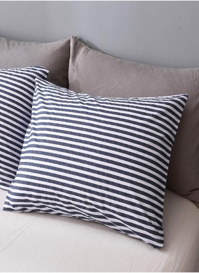 JELLYMONI JELLYMONI 100% Natural Cotton 2pcs Striped Duvet Cover Sets,White Duvet Cover with Navy Blue Stripes Pattern Printed Comforter Cover,with Zipper Closure & Corner Ties(Twin Size)  - Image 2