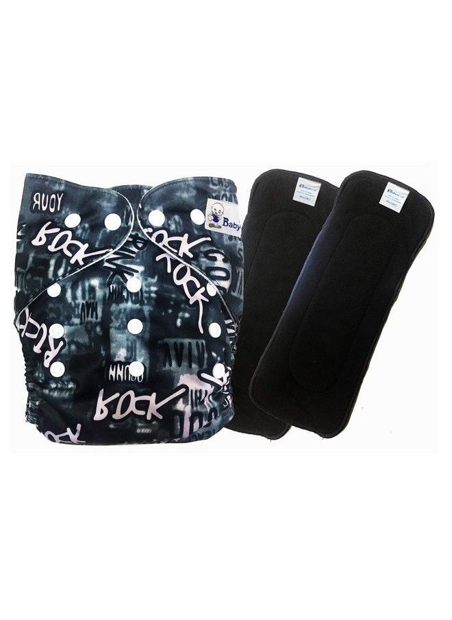 BabyMoon (Set Of 2 Cloth Diaper With Wetfree Microfiber Insert) Designer Premium Reusable Adjustable Size Waterproof Washable Pocket Cloth Diaper Nappie (Black Rockstar)  - Image 1
