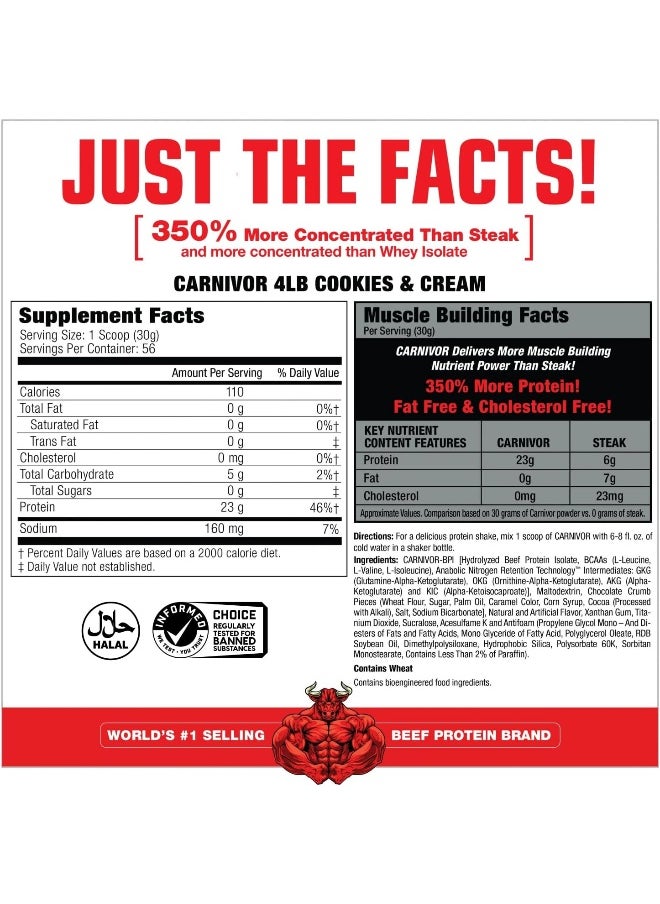 MUSCLEMEDS Carnivor Beef Protein Isolate Powder, Cookies & Cream, 56 Servings, 1820 Gram, 64.1986 Ounce, 4 Pound  - Image 2