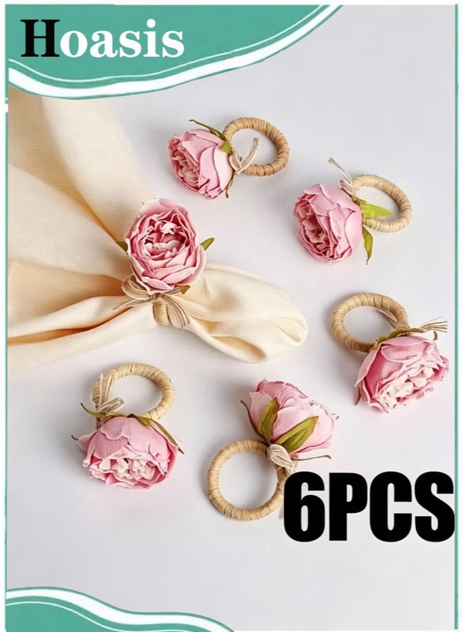 Hoasis 6pcs Pink Peony Napkin Rings, Handmade Woven Fabric and Jute Twine Flower Napkin Holders, Rustic Elegant Table Decor for Family Dinner, Wedding Banquet and Festive Celebrations - Image 1