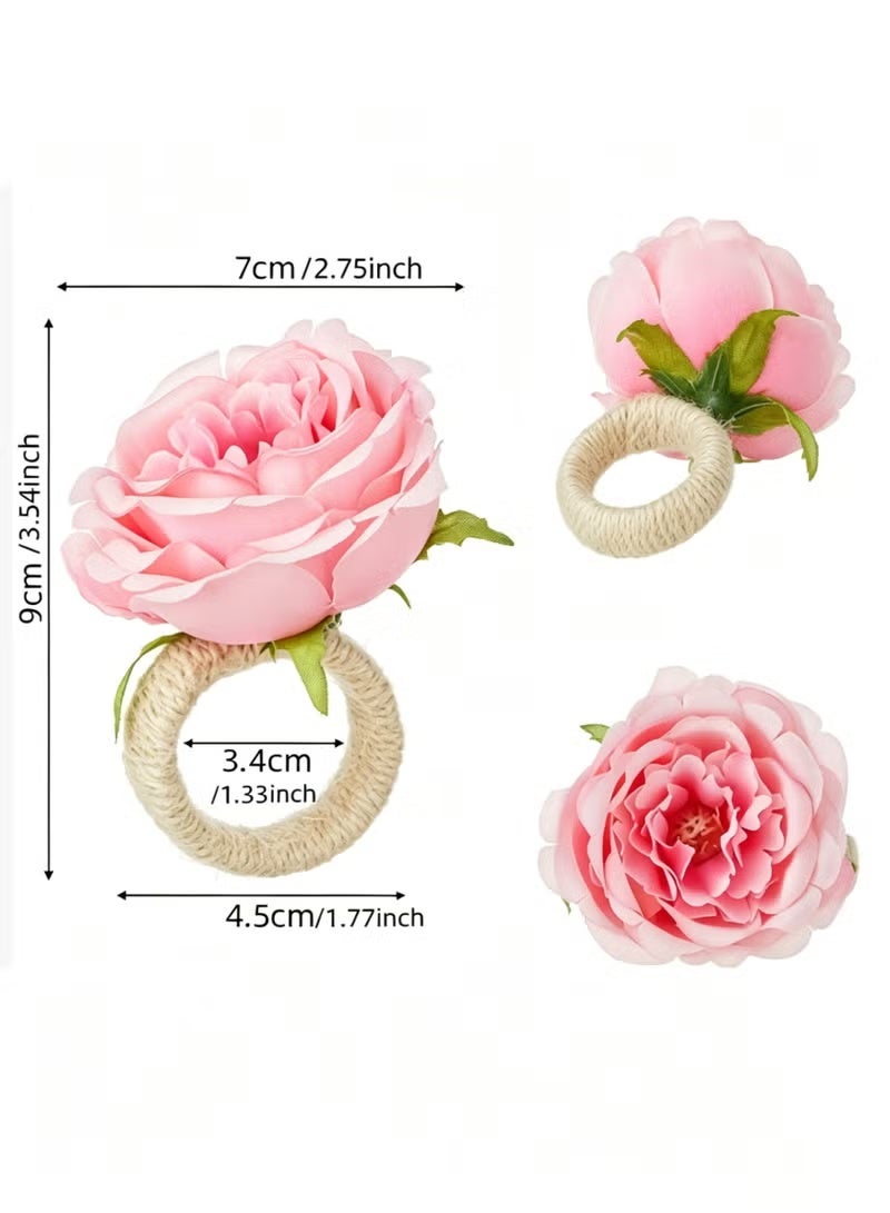 Hoasis 6pcs Pink Peony Napkin Rings, Handmade Woven Fabric and Jute Twine Flower Napkin Holders, Rustic Elegant Table Decor for Family Dinner, Wedding Banquet and Festive Celebrations - Image 2