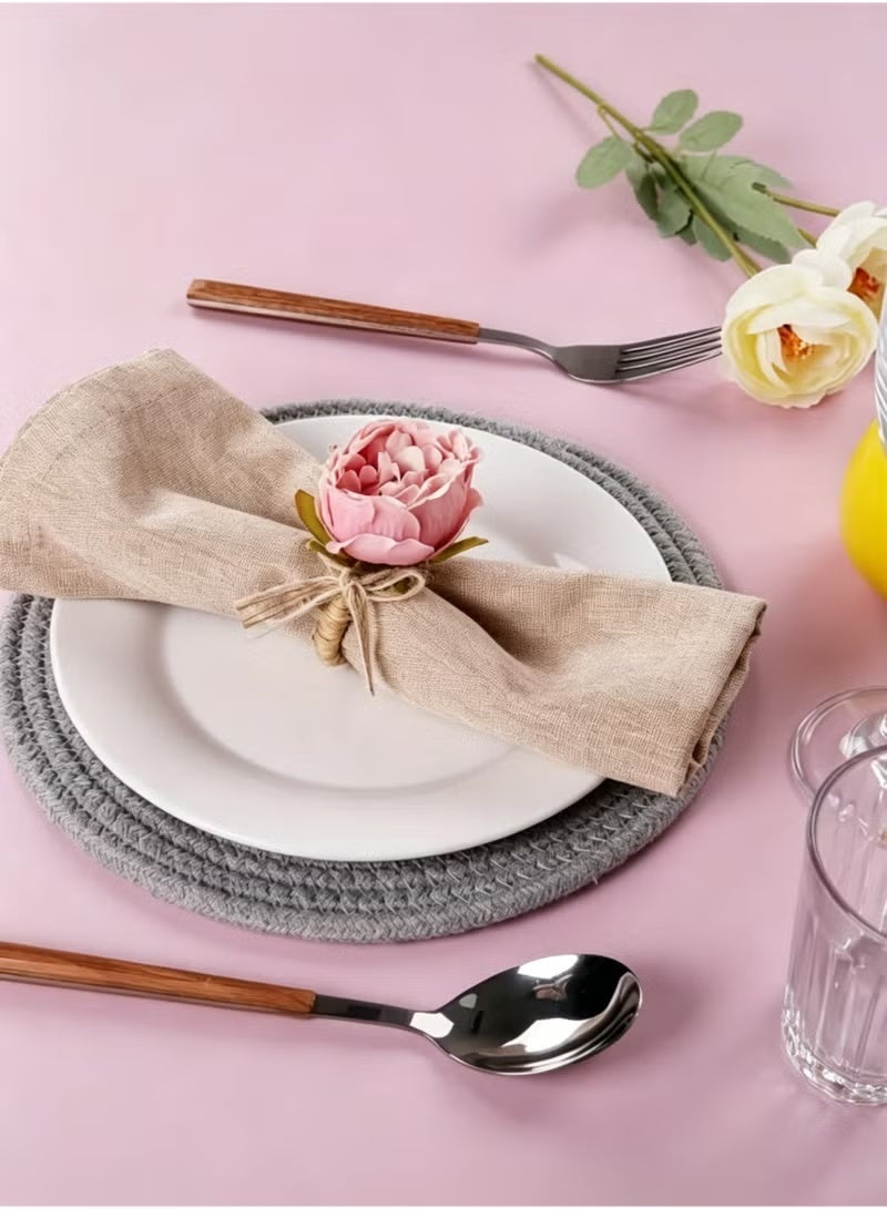 Hoasis 6pcs Pink Peony Napkin Rings, Handmade Woven Fabric and Jute Twine Flower Napkin Holders, Rustic Elegant Table Decor for Family Dinner, Wedding Banquet and Festive Celebrations - Image 3