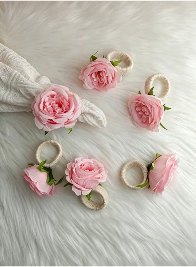 Hoasis 6pcs Pink Peony Napkin Rings, Handmade Woven Fabric and Jute Twine Flower Napkin Holders, Rustic Elegant Table Decor for Family Dinner, Wedding Banquet and Festive Celebrations - Image 4