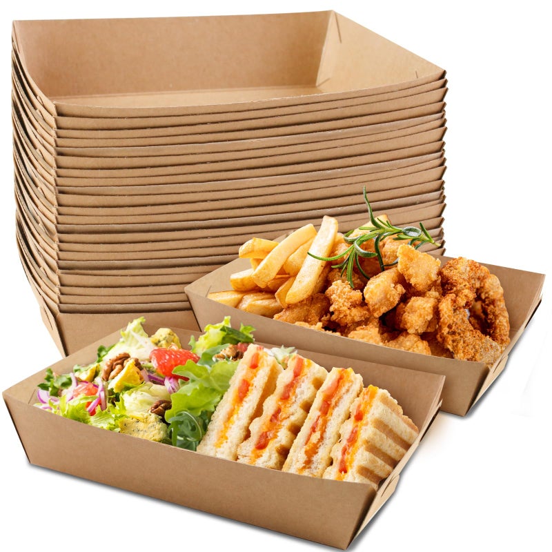 HAKACC Party Food Trays 50 Pack Paper Plates Take Away Food Boxes Cardboard Serving Tray Water Oil Proof for Chips Burger BBQ Birthday Camping Party 18x13cm