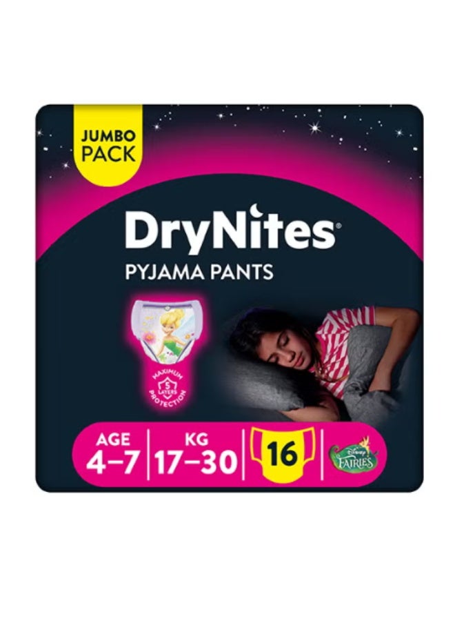 HUGGIES DryNites Pyjama Pants, 4-7 years, Bed Wetting Diaper, Girls, 17-30 kg, Value Pack, 16 Pants - Image 1